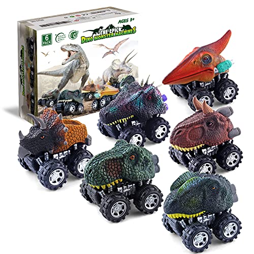 DINOBROS Dinosaur Toy Pull Back Cars 6 Pack Dinosaur Boy Toys Age 3,4,5,6,7 Dino T-Rex Games